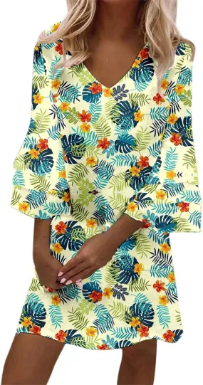 Boho Floral Mini Dress for Women | V Neck 3/4 Bell Sleeve Summer Dress, Flowy Loose Beach Dresses with Casual Chic Style