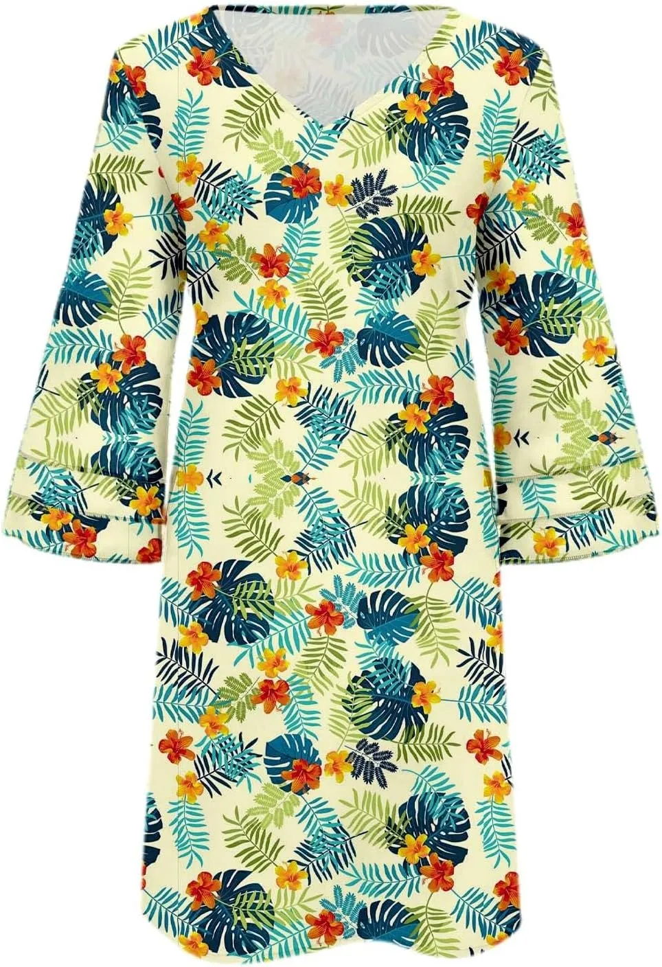 Boho Floral Mini Dress for Women | V Neck 3/4 Bell Sleeve Summer Dress, Flowy Loose Beach Dresses with Casual Chic Style