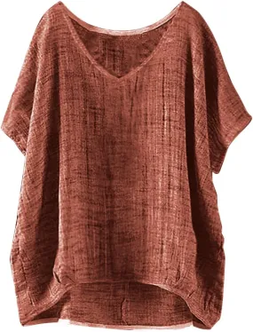 Casual Cotton Linen Tshirts for Women Loose Fit V Neck Short Sleeve Plain Beach T-Shirts Ladies Summer Blouse Tops