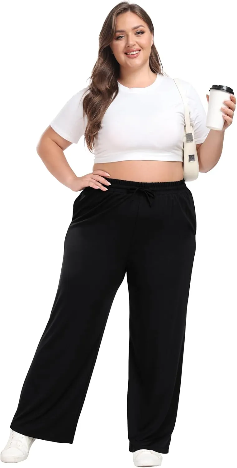 Cheapestbuy Women's Plus Size Casual Pants Comfy Wide Leg Pants Stretchy Loose Fit Lounge Pants with Pockets