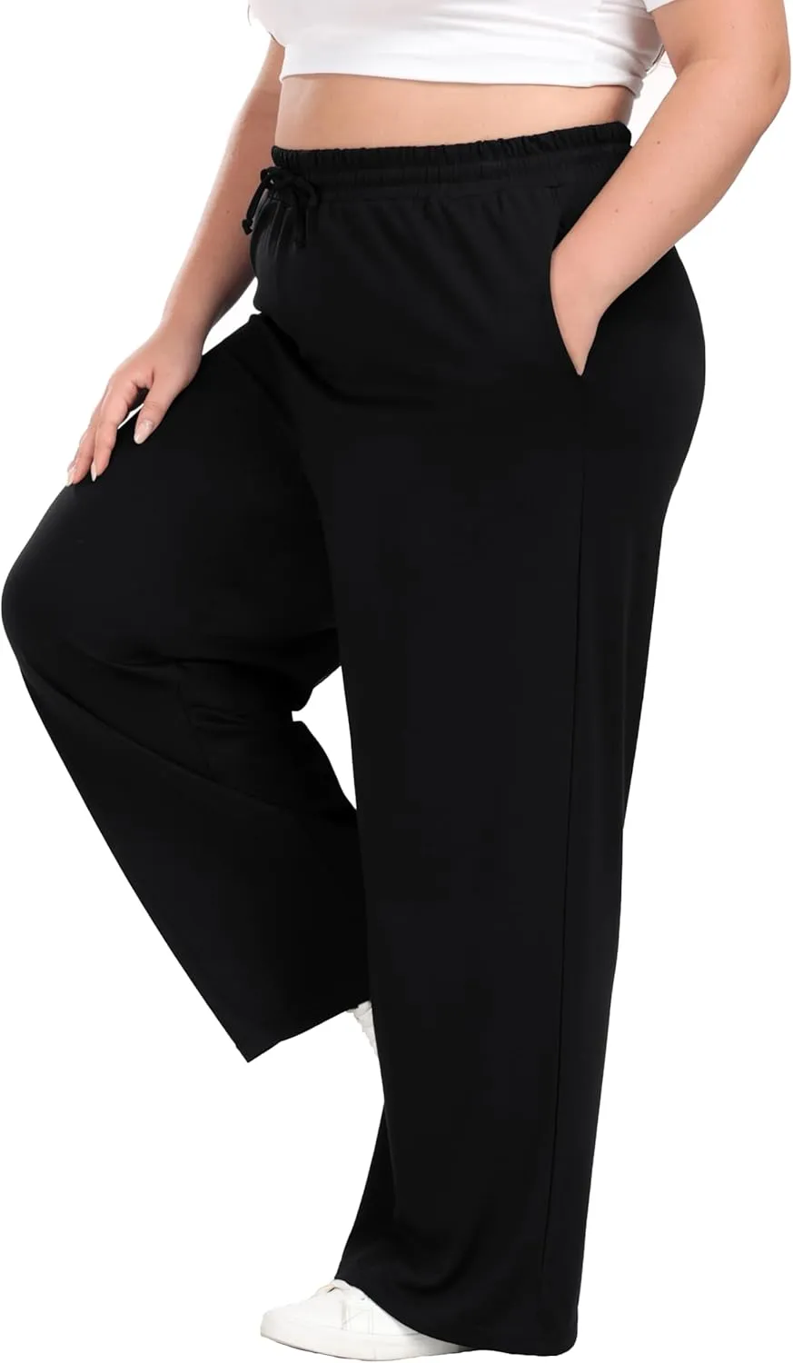 Cheapestbuy Women's Plus Size Casual Pants Comfy Wide Leg Pants Stretchy Loose Fit Lounge Pants with Pockets