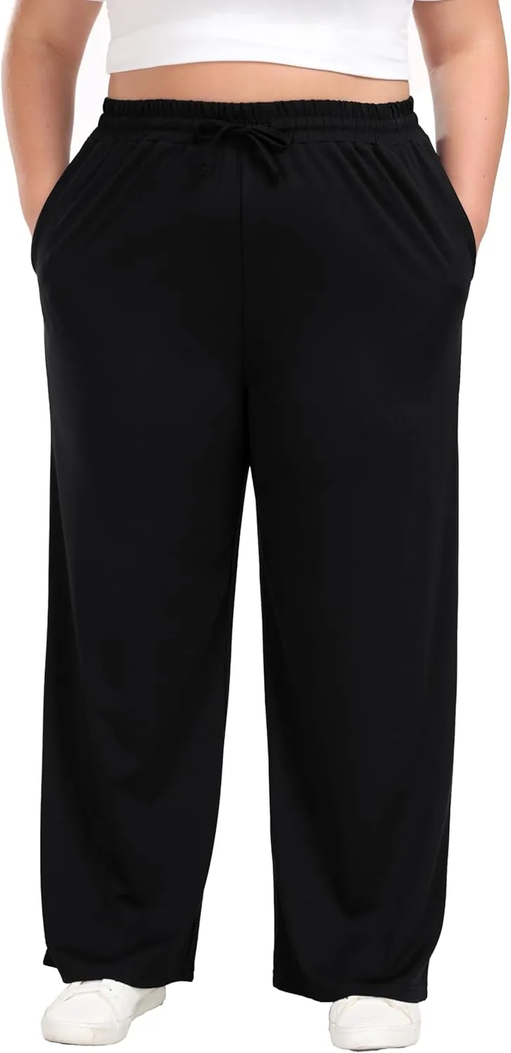 Cheapestbuy Women's Plus Size Casual Pants Comfy Wide Leg Pants Stretchy Loose Fit Lounge Pants with Pockets