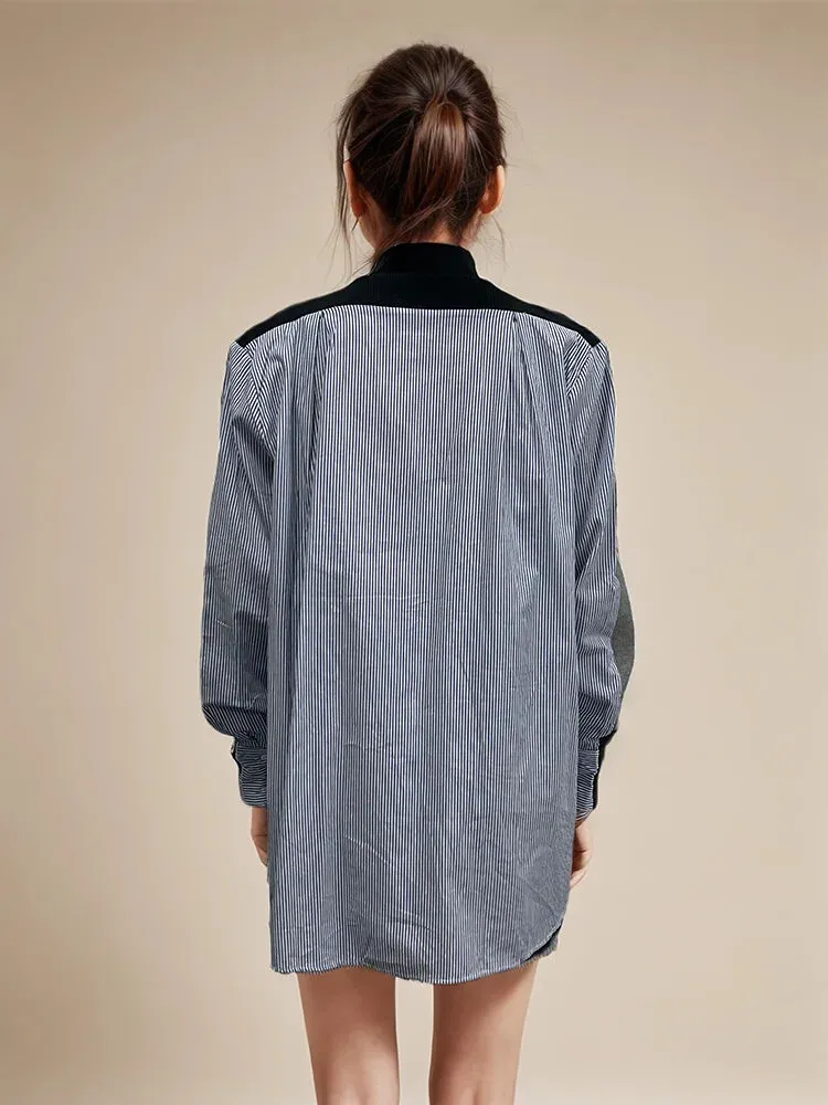 Colorblock Casual Loose Blouses For Women V Neck Long Sleeve Spliced Single Breasted Minimalist Shirts Female Fashion