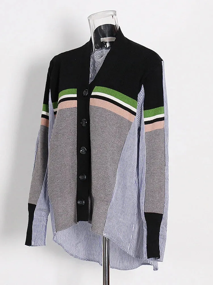 Colorblock Casual Loose Blouses For Women V Neck Long Sleeve Spliced Single Breasted Minimalist Shirts Female Fashion