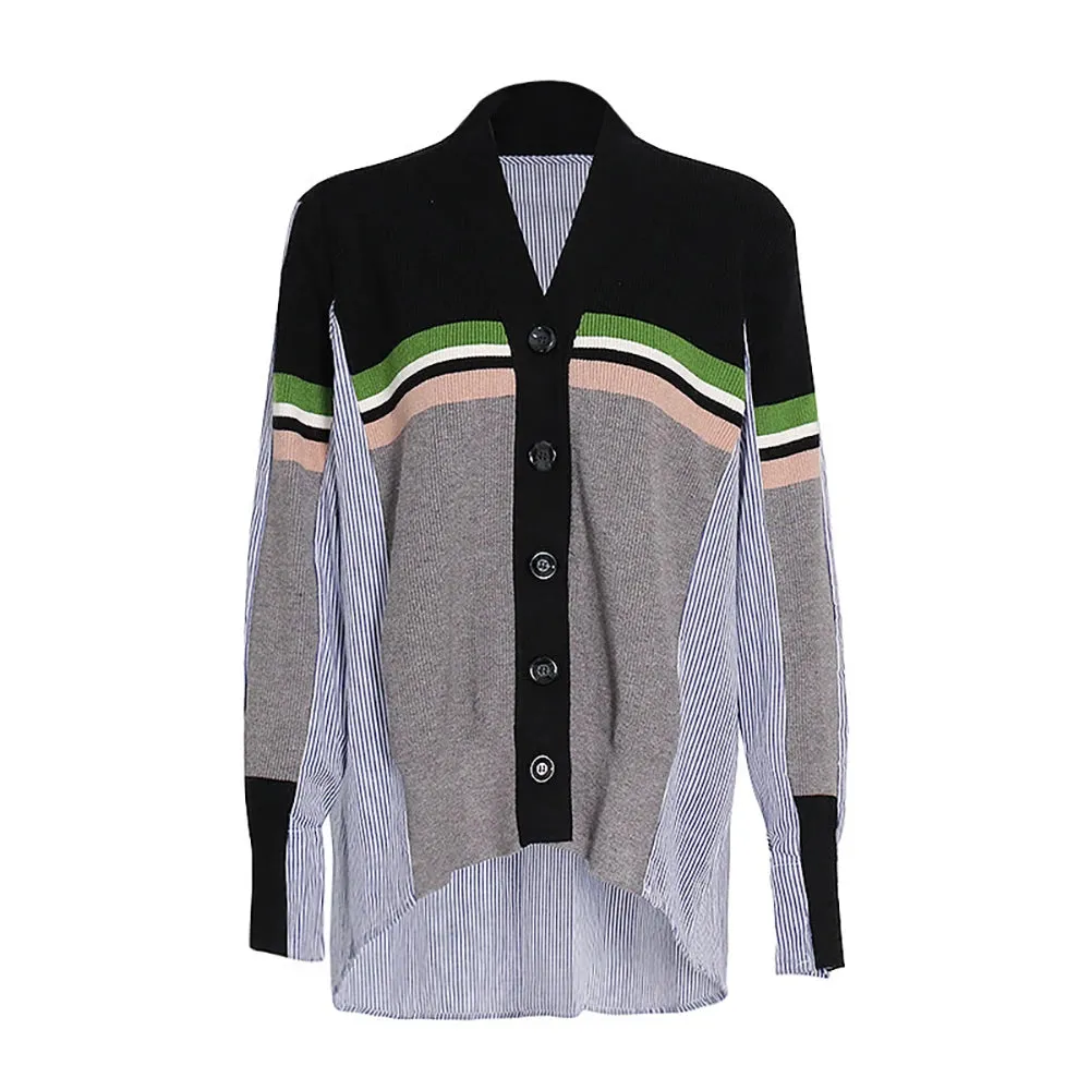 Colorblock Casual Loose Blouses For Women V Neck Long Sleeve Spliced Single Breasted Minimalist Shirts Female Fashion