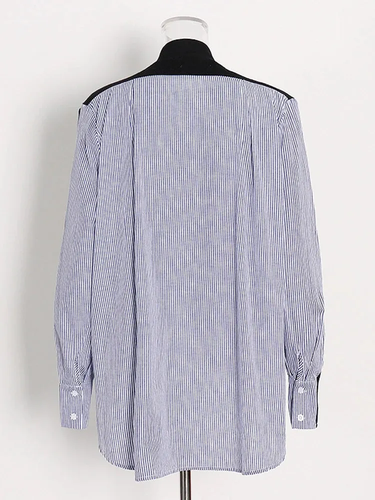Colorblock Casual Loose Blouses For Women V Neck Long Sleeve Spliced Single Breasted Minimalist Shirts Female Fashion