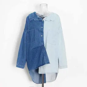 Colorblock Patchwork Pockets Casual Denim Blouses For Women Lapel Long Sleeve Spliced Button Minimalist Loose Shirts Female