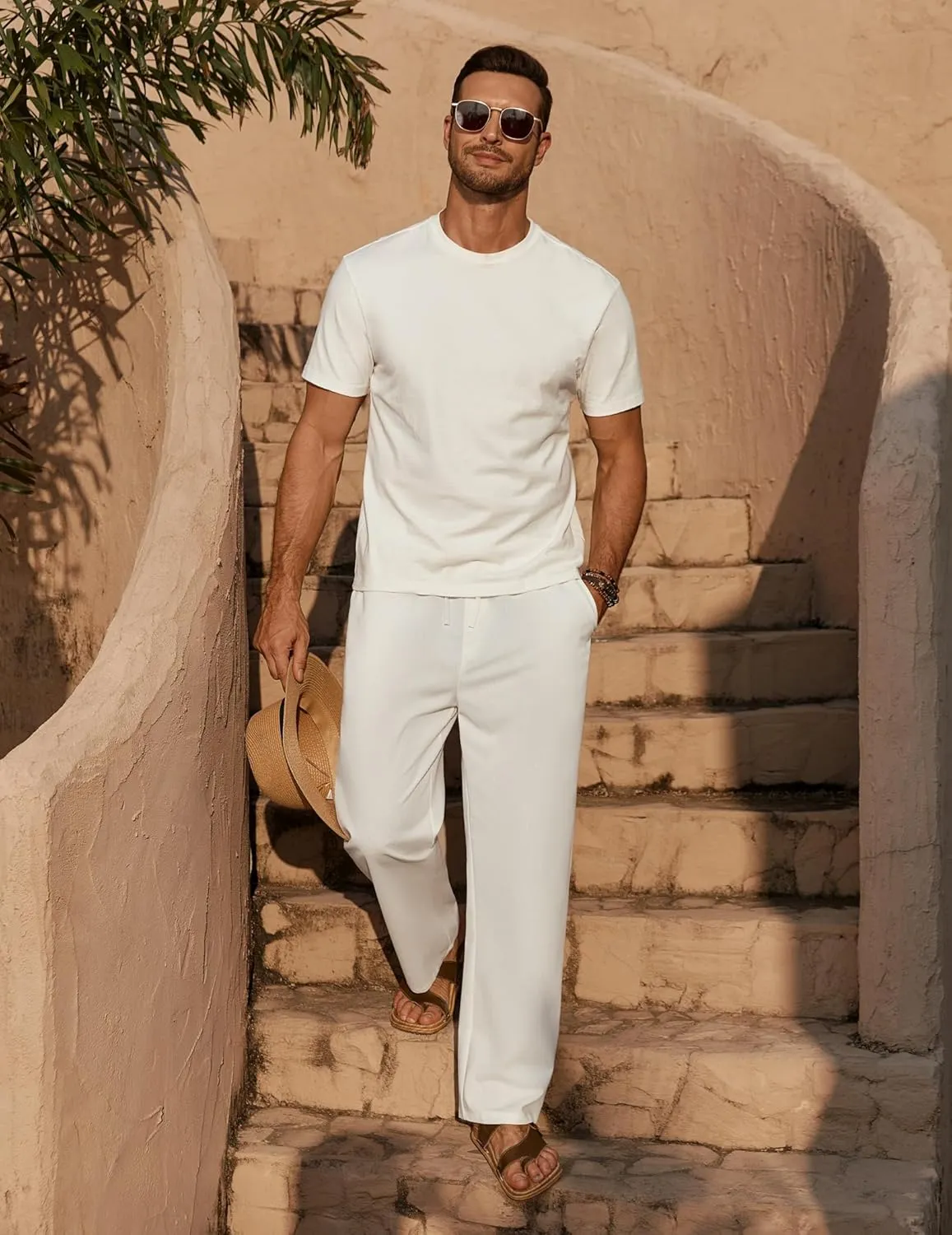 COOFANDY Men's Casual Linen Pants Loose Fit Elastic Waist Drawstring Lightweight Pant Summer Beach Trousers