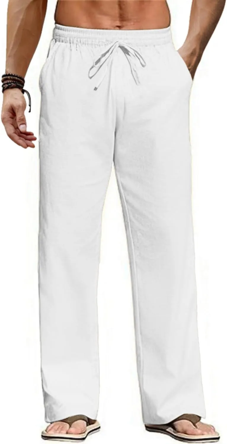COOFANDY Men's Casual Linen Pants Loose Fit Elastic Waist Drawstring Lightweight Pant Summer Beach Trousers