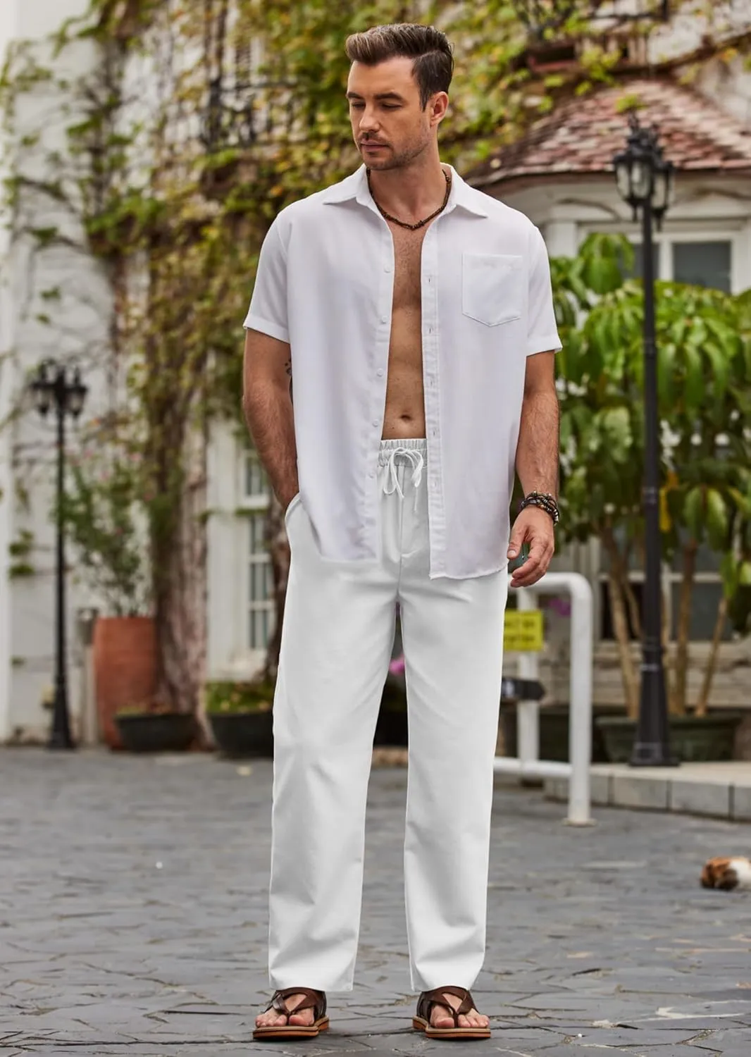 COOFANDY Men's Casual Linen Pants Loose Fit Elastic Waist Drawstring Lightweight Pant Summer Beach Trousers