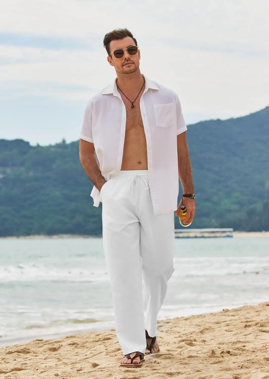 COOFANDY Men's Casual Linen Pants Loose Fit Elastic Waist Drawstring Lightweight Pant Summer Beach Trousers