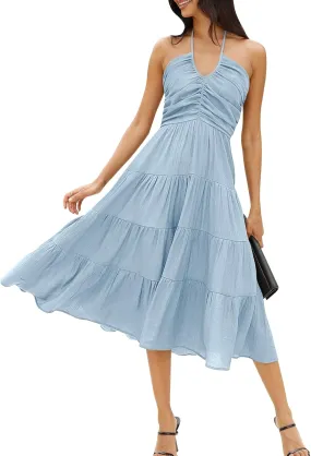 DEEP SELF Women's Summer Halter Smocked Midi Dress Sleevelesss V Neck Ruffle Tiered Swing Flowy A Line Beach Sundress