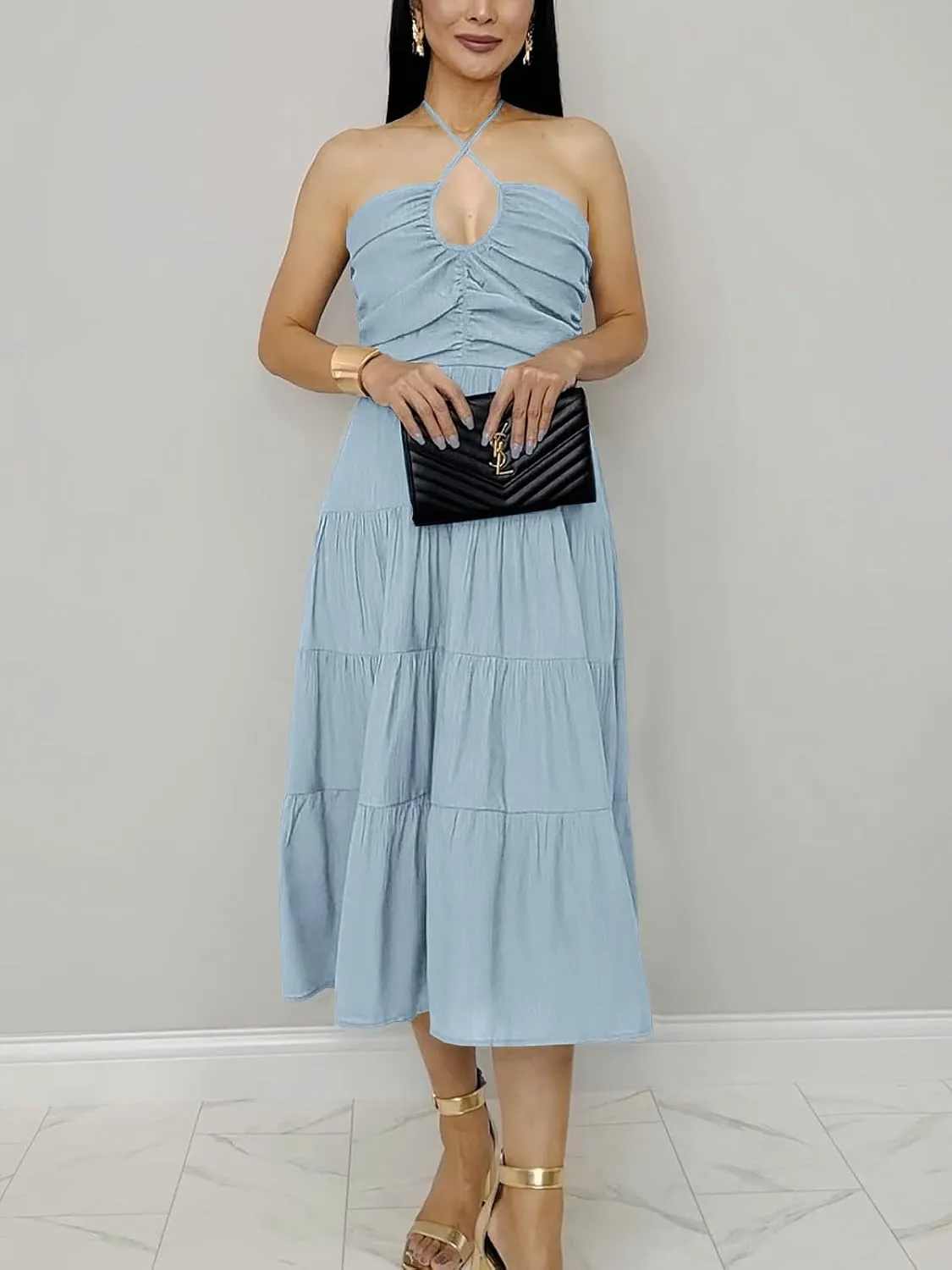 DEEP SELF Women's Summer Halter Smocked Midi Dress Sleevelesss V Neck Ruffle Tiered Swing Flowy A Line Beach Sundress