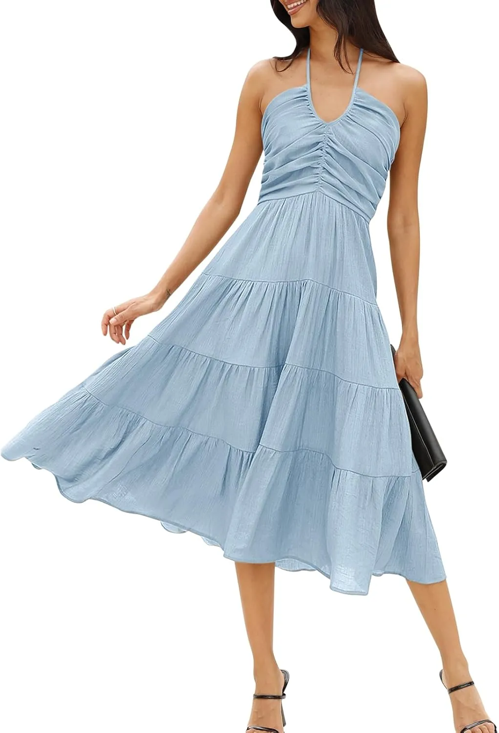 DEEP SELF Women's Summer Halter Smocked Midi Dress Sleevelesss V Neck Ruffle Tiered Swing Flowy A Line Beach Sundress
