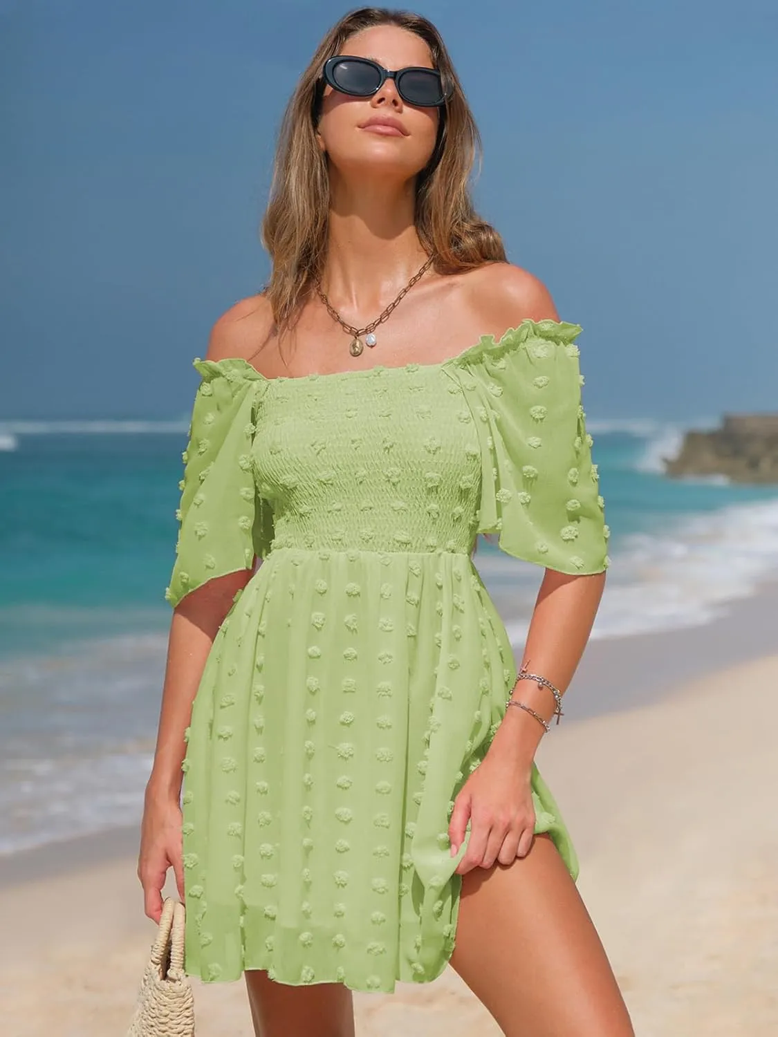 EXLURA Women's 2025 Summer Casual Square Neck Dresses Ruffle Short Sleeve Swiss Dot Flowy Mini Dress