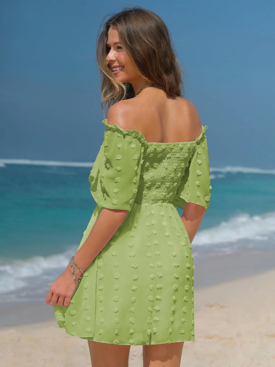 EXLURA Women's 2025 Summer Casual Square Neck Dresses Ruffle Short Sleeve Swiss Dot Flowy Mini Dress