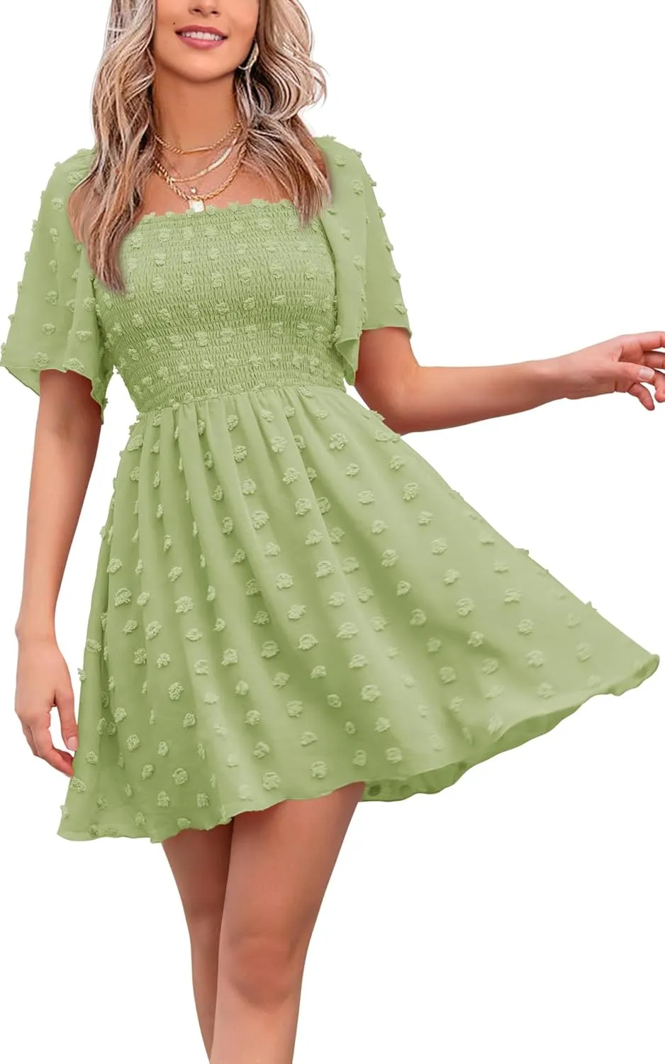 EXLURA Women's 2025 Summer Casual Square Neck Dresses Ruffle Short Sleeve Swiss Dot Flowy Mini Dress