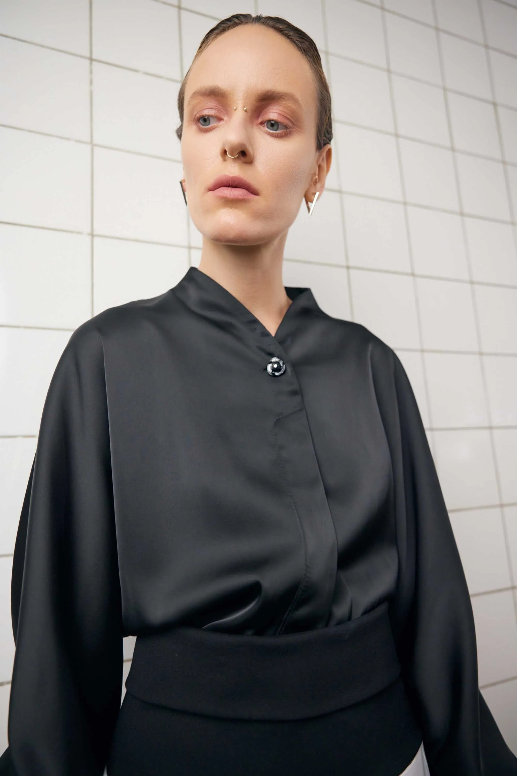 Fashion Minimalist Long Sleeve Shirt Satin Black