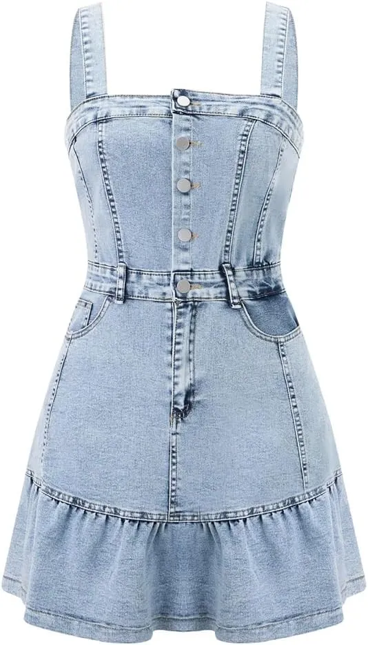 Fnfmrfmr Womens Sleeveless Denim Mini Dress with Button Up Front Summer Casual Beachwear Dresses
