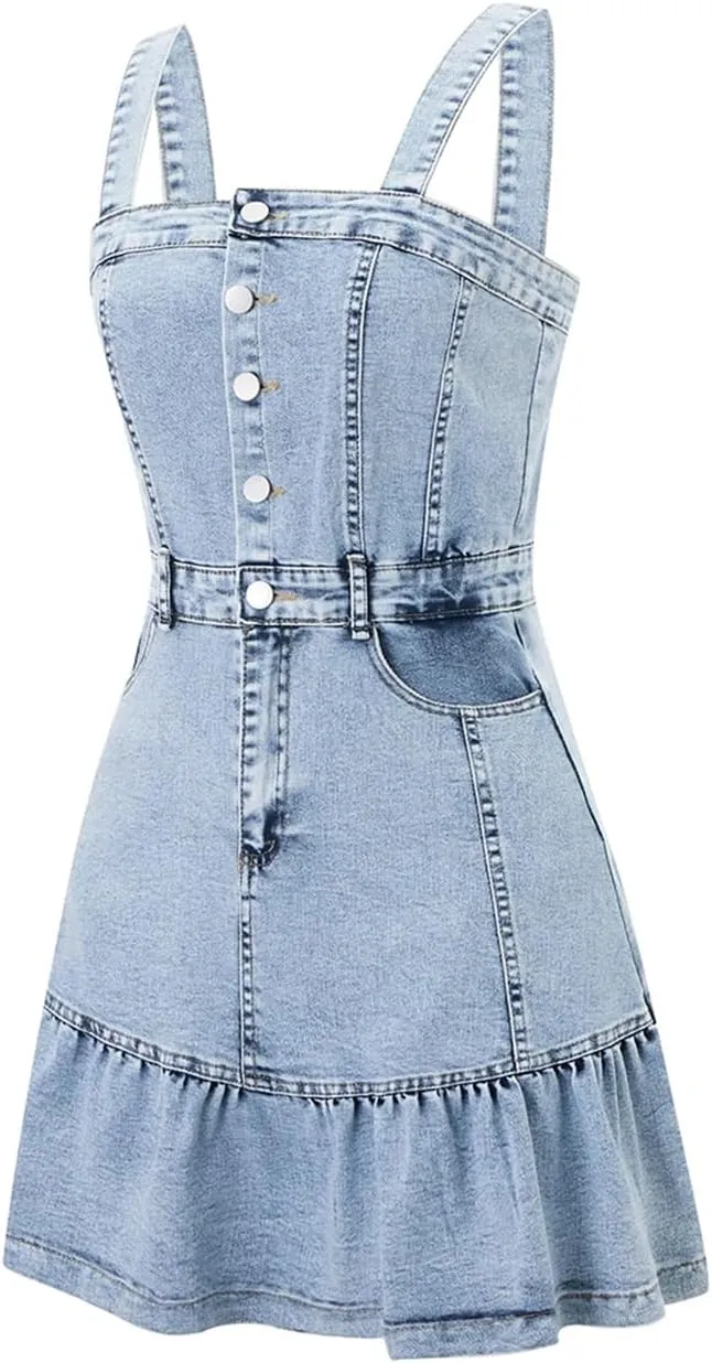 Fnfmrfmr Womens Sleeveless Denim Mini Dress with Button Up Front Summer Casual Beachwear Dresses
