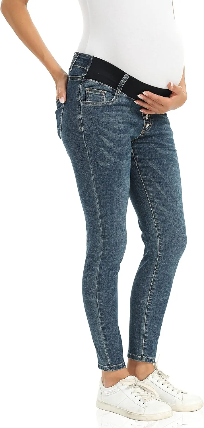 Foucome Women's Maternity Jeans Under The Belly Skinny Jeggings Cute Distressed Jeans Comfy Stretch Pants