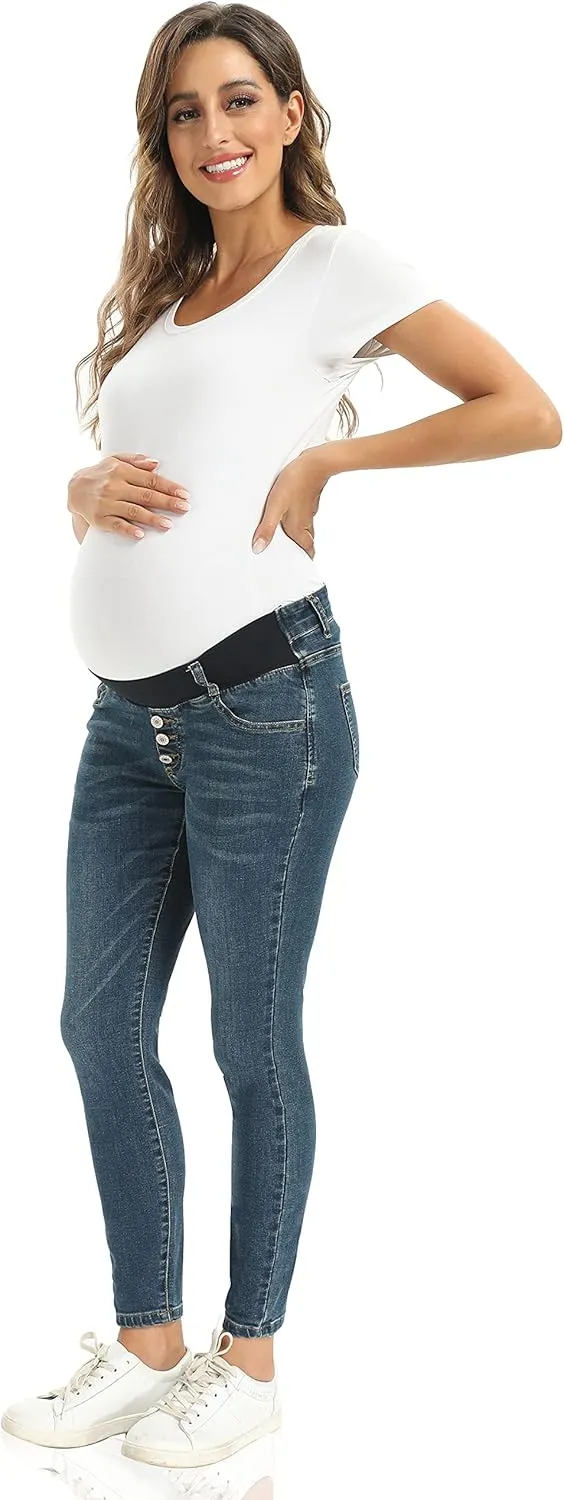 Foucome Women's Maternity Jeans Under The Belly Skinny Jeggings Cute Distressed Jeans Comfy Stretch Pants