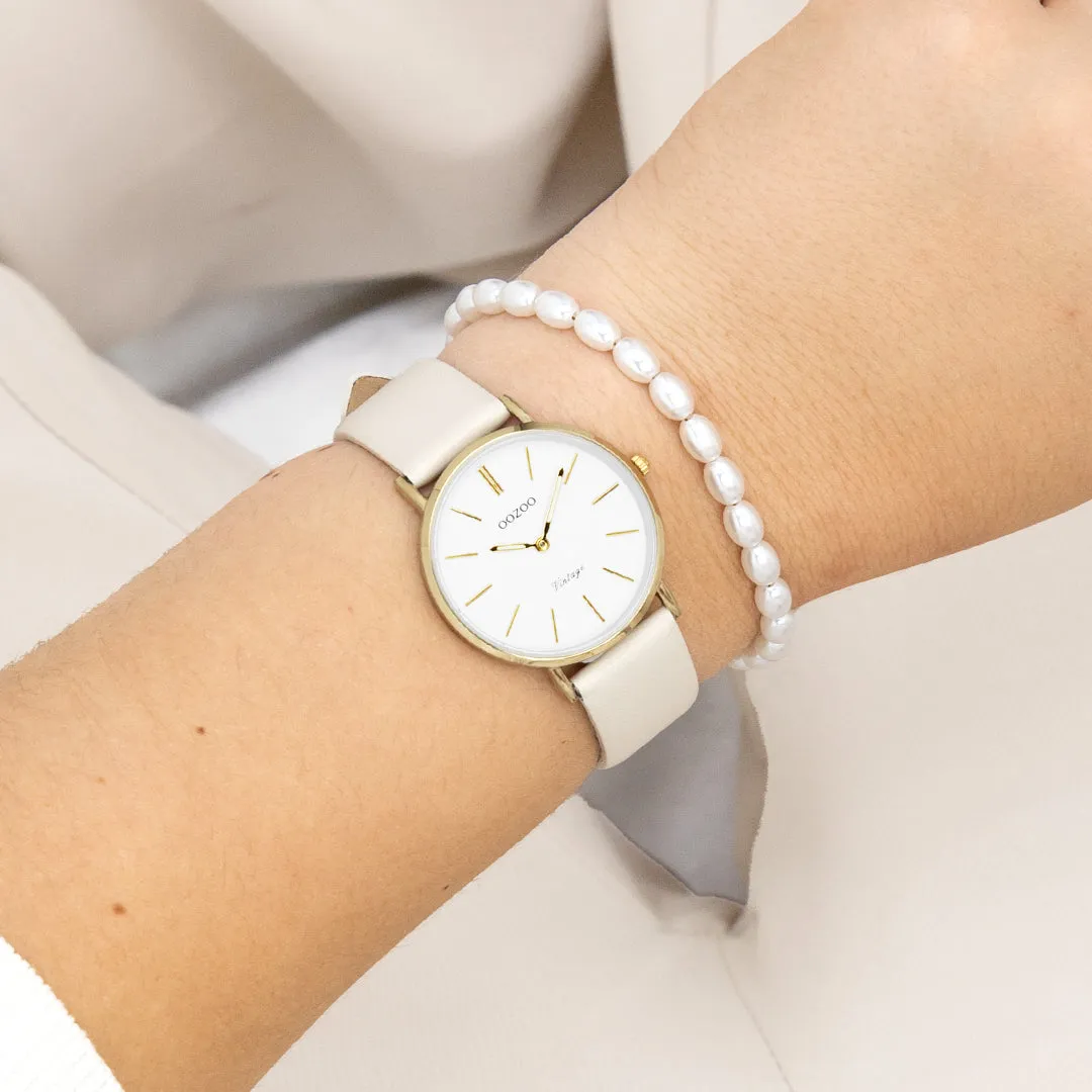 Gold coloured OOZOO watch with beige leather strap - C20393