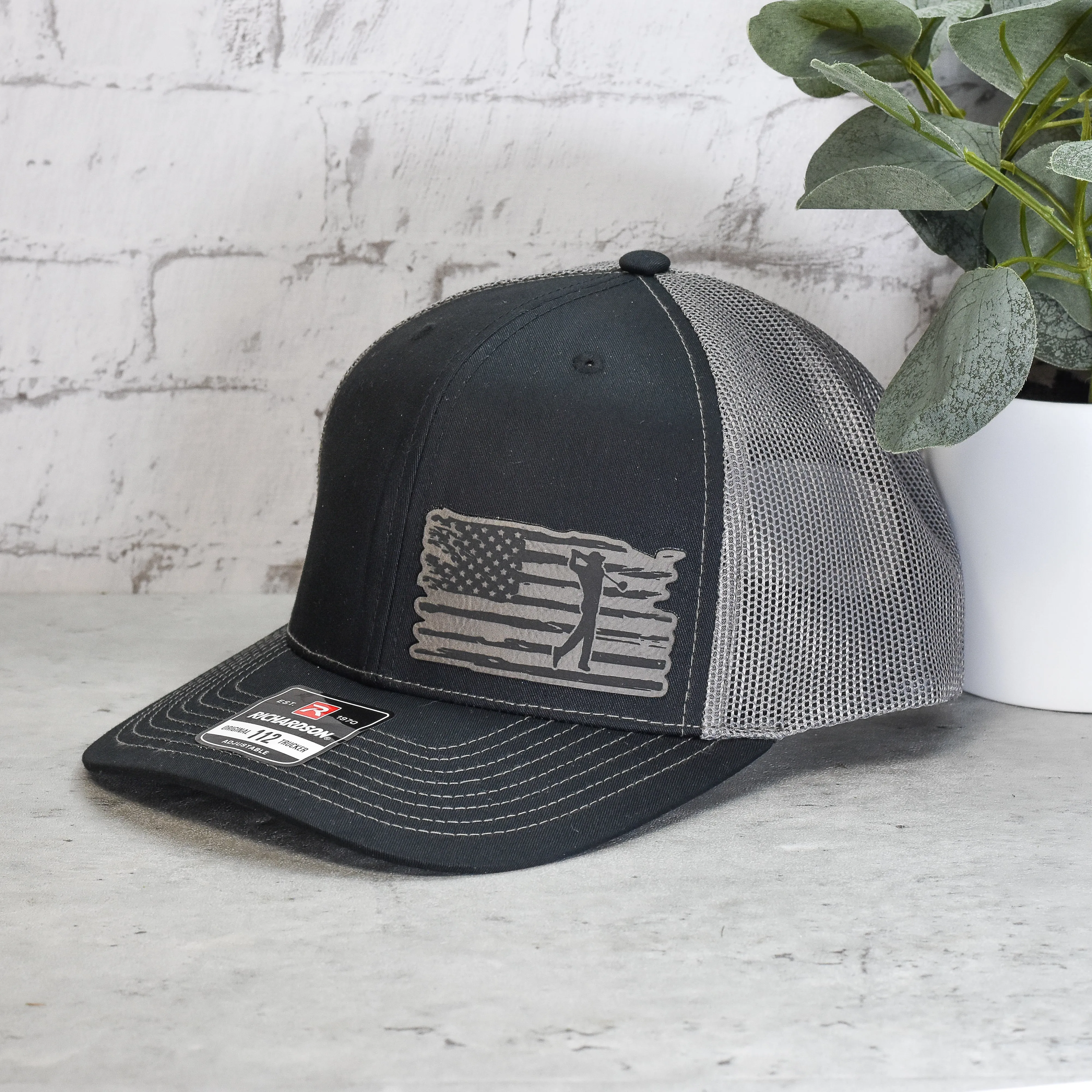 Golfer American Flag Trucker Hat - Custom Leatherette Logo