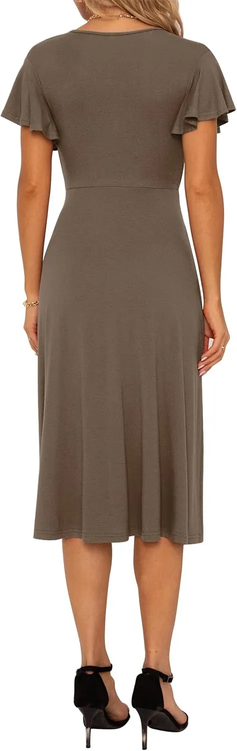 GRECERELLE Spring Summer Dress for Women Casual Ruffle Short Sleeve Wrap V-Neck Dress
