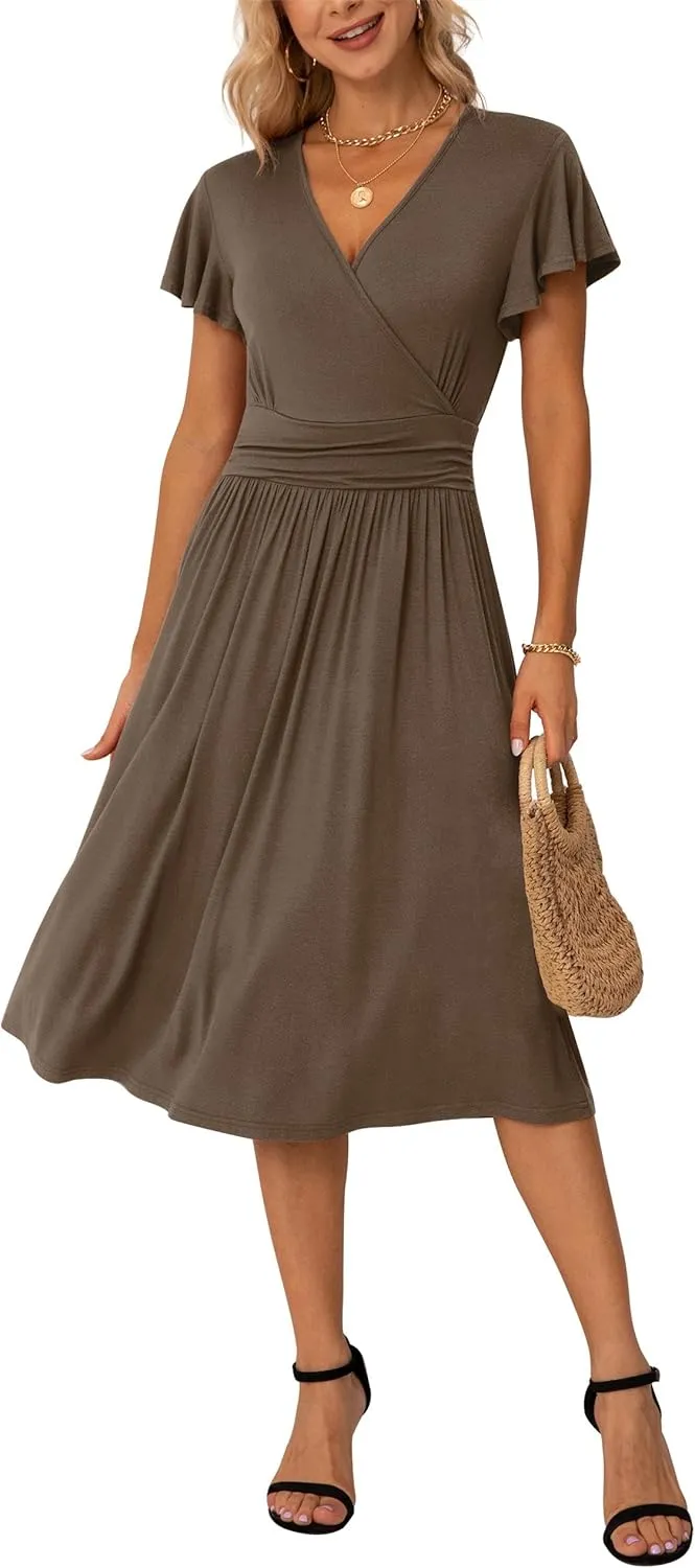 GRECERELLE Spring Summer Dress for Women Casual Ruffle Short Sleeve Wrap V-Neck Dress