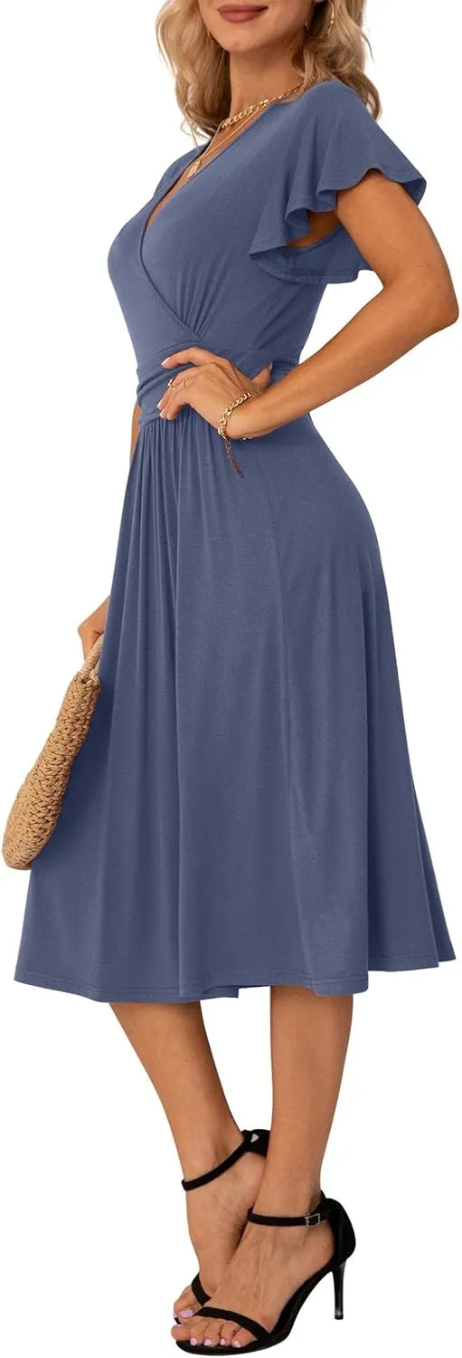 GRECERELLE Spring Summer Dress for Women Casual Ruffle Short Sleeve Wrap V-Neck Dress