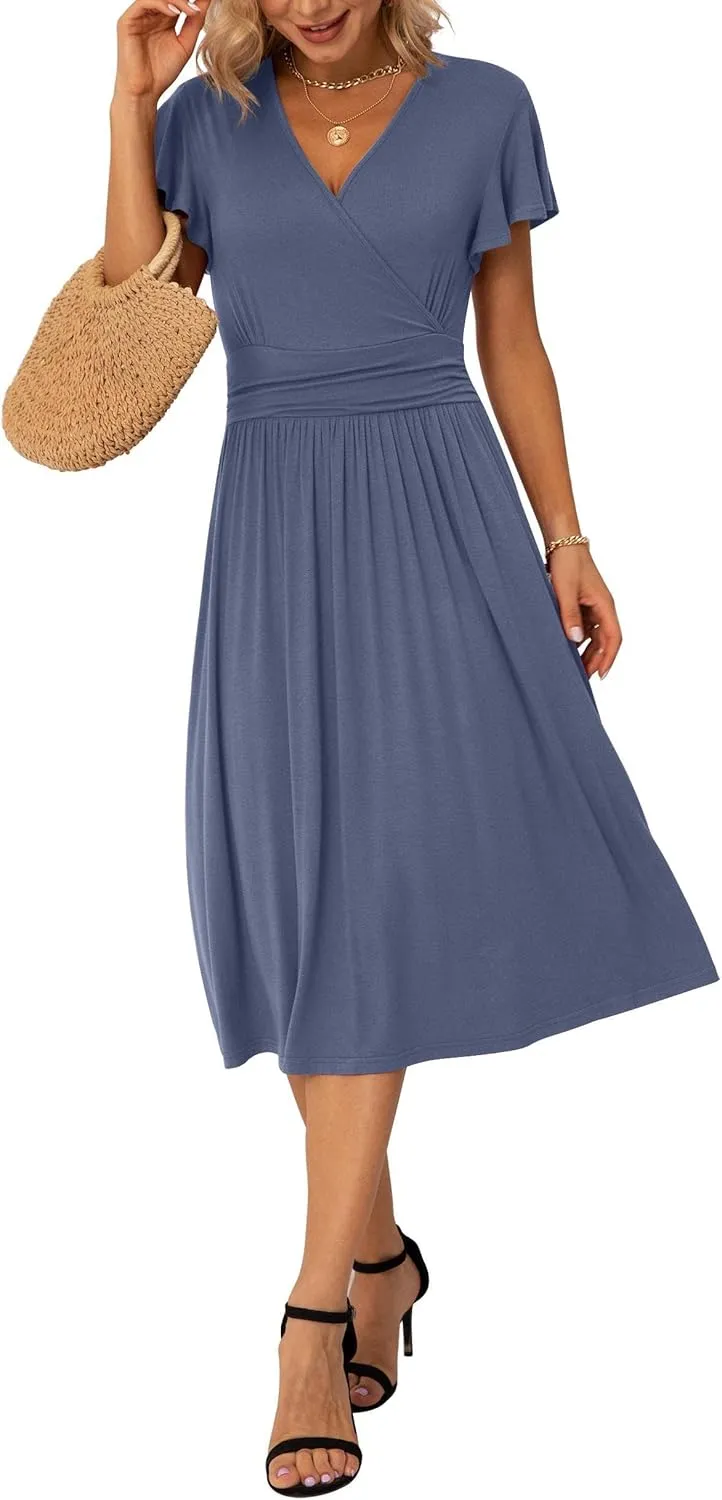 GRECERELLE Spring Summer Dress for Women Casual Ruffle Short Sleeve Wrap V-Neck Dress