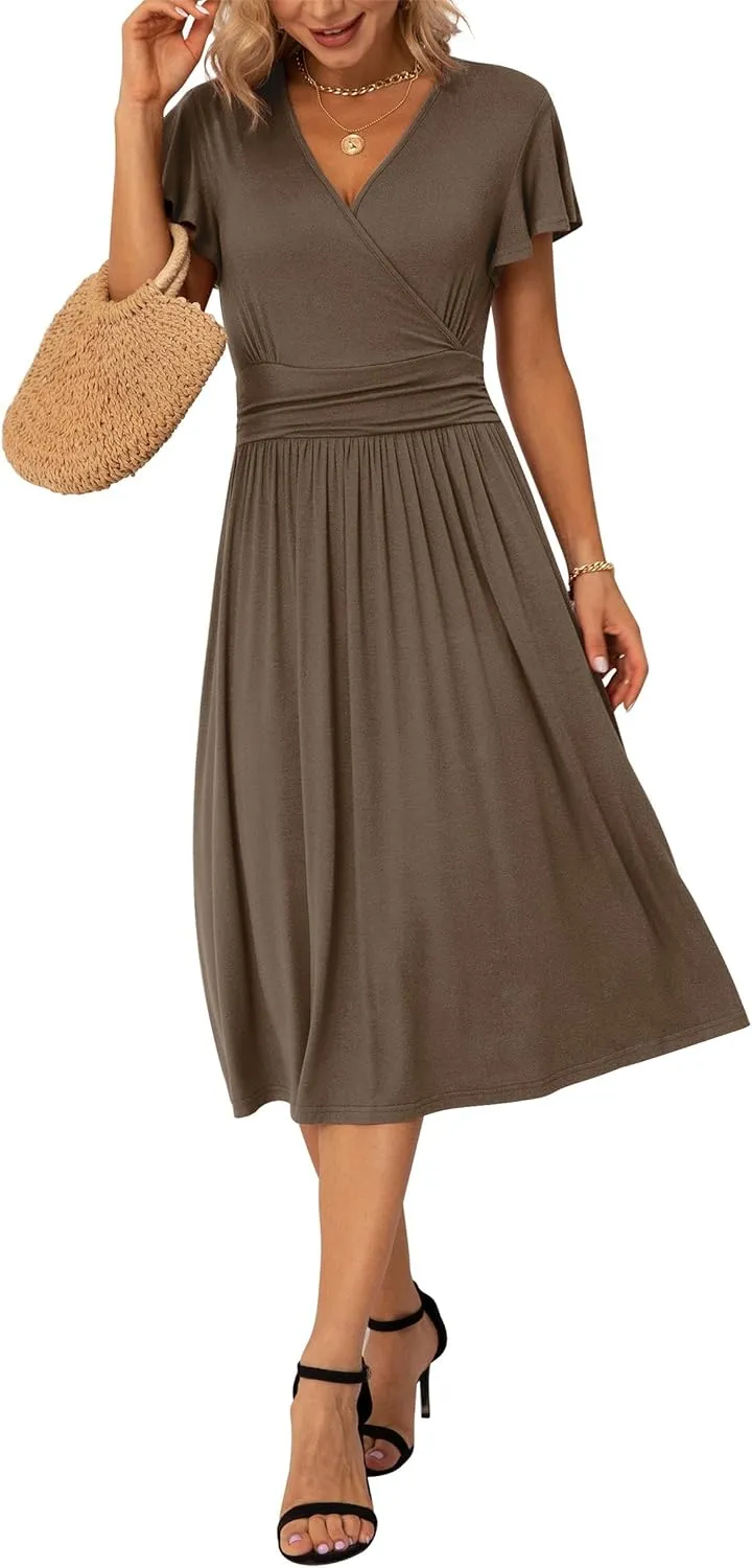 GRECERELLE Spring Summer Dress for Women Casual Ruffle Short Sleeve Wrap V-Neck Dress