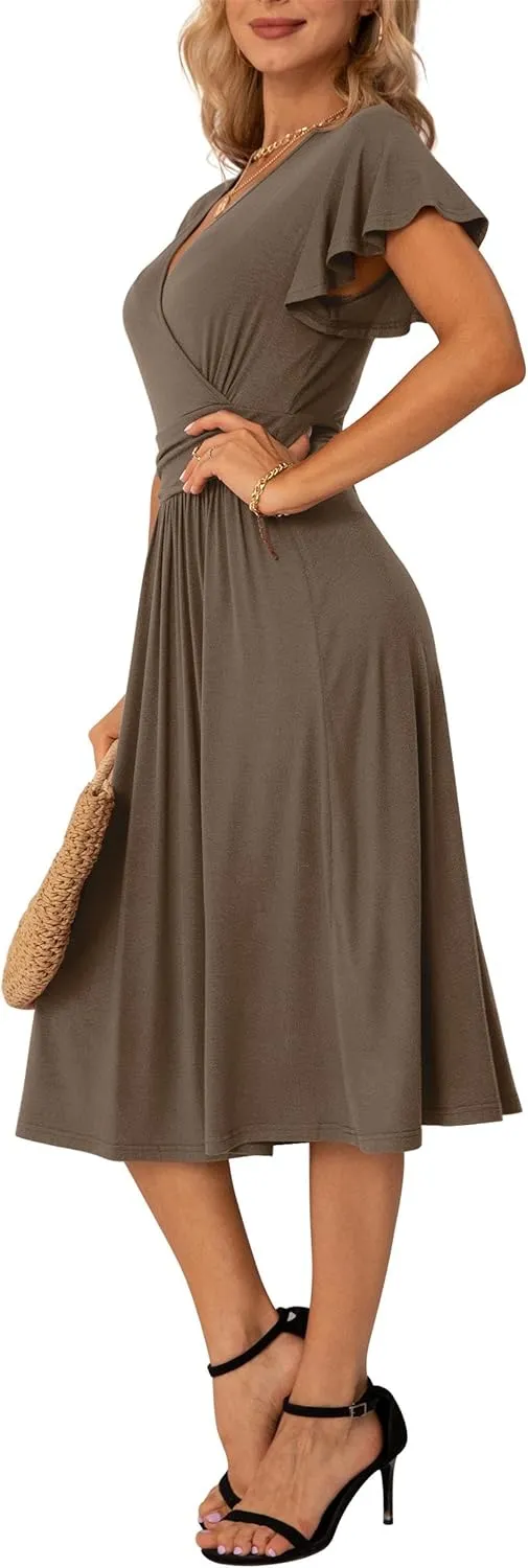 GRECERELLE Spring Summer Dress for Women Casual Ruffle Short Sleeve Wrap V-Neck Dress