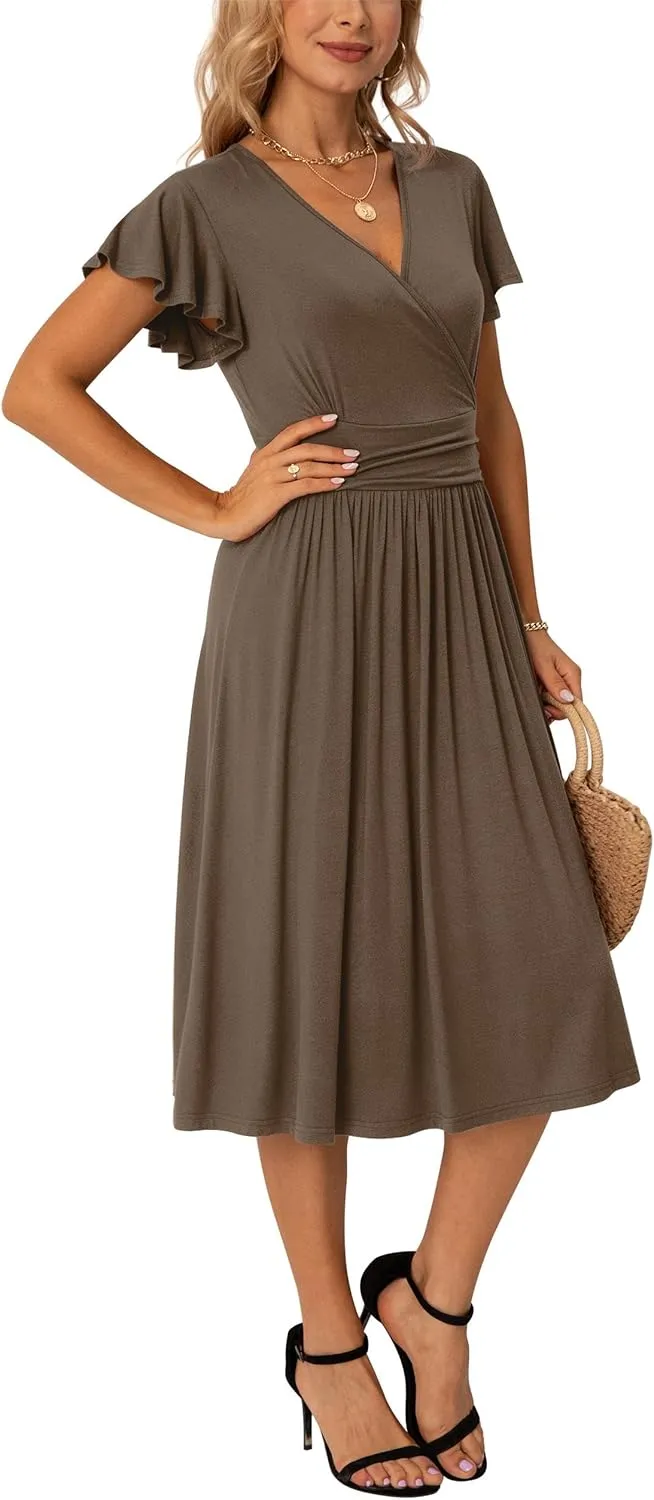 GRECERELLE Spring Summer Dress for Women Casual Ruffle Short Sleeve Wrap V-Neck Dress