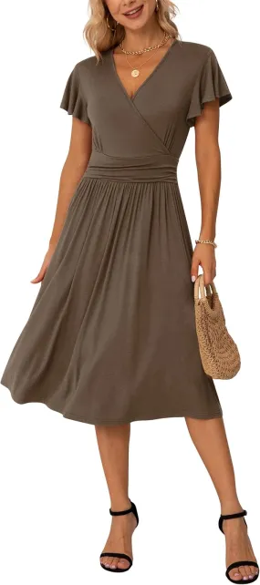 GRECERELLE Spring Summer Dress for Women Casual Ruffle Short Sleeve Wrap V-Neck Dress