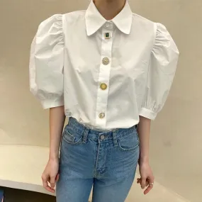 High High White Shirt For Women Lapel Puff Sleeve Solid Minimalist Straight Blouses Female Spring Clothes Style