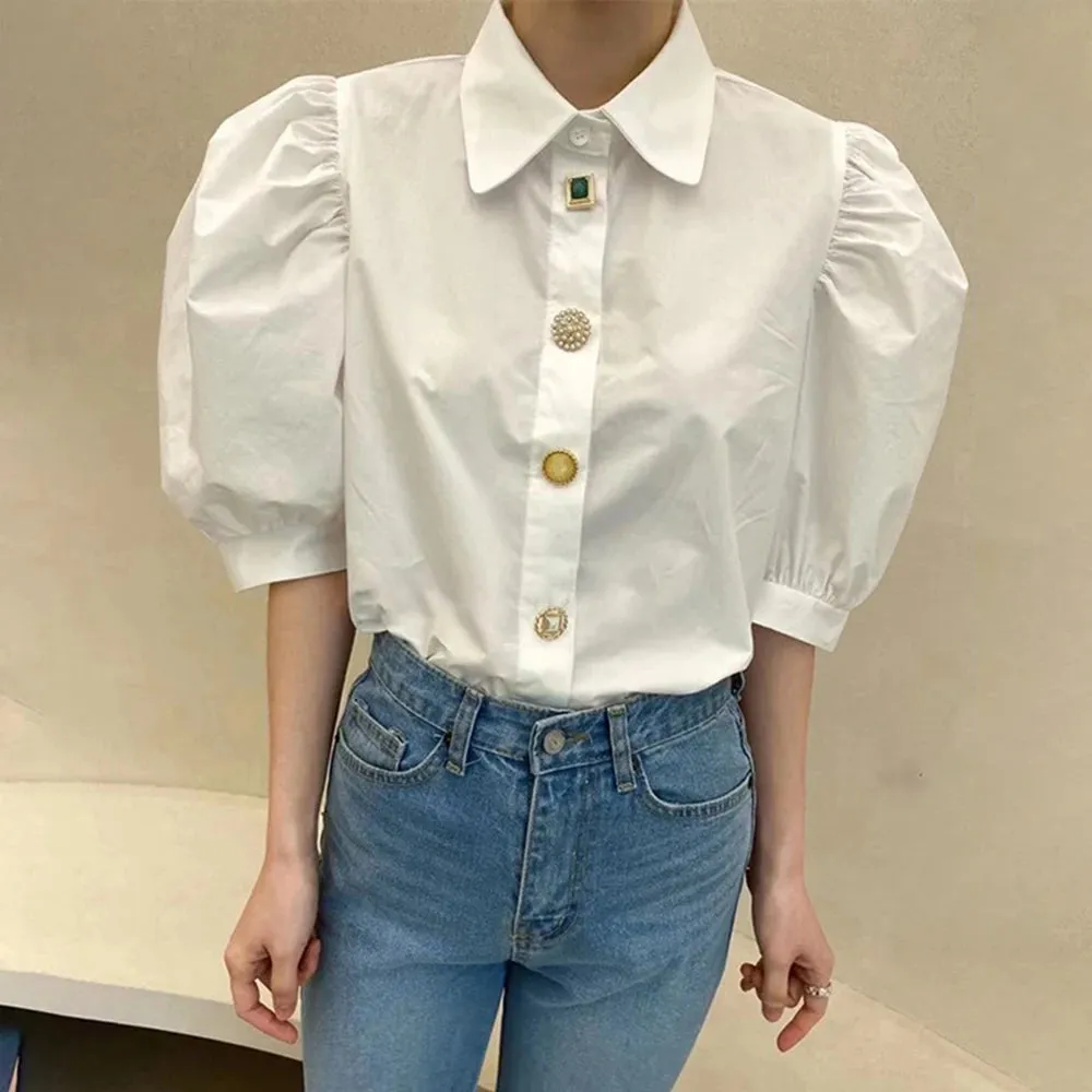 High High White Shirt For Women Lapel Puff Sleeve Solid Minimalist Straight Blouses Female Spring Clothes Style