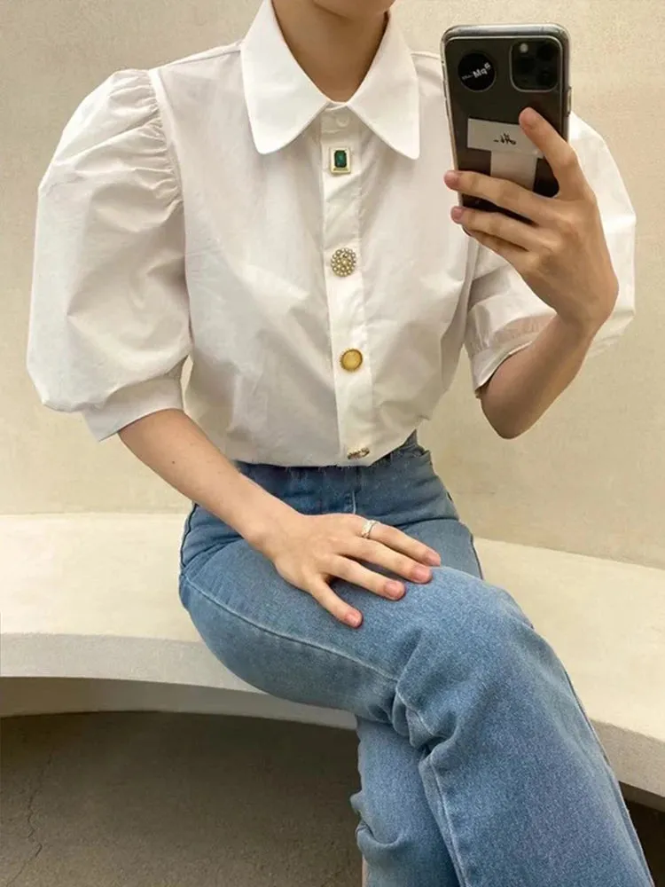 High High White Shirt For Women Lapel Puff Sleeve Solid Minimalist Straight Blouses Female Spring Clothes Style