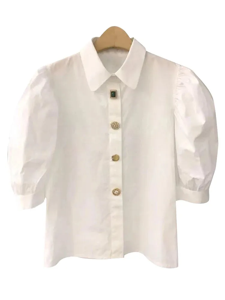 High High White Shirt For Women Lapel Puff Sleeve Solid Minimalist Straight Blouses Female Spring Clothes Style