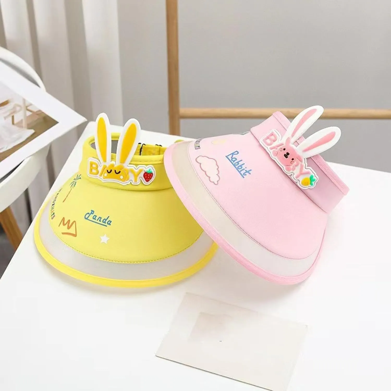 in Summer, Children's ice Silk Bunny Sunscreen hat Shade Large Brim Hollow top Anti-Ultraviolet Hollow hat Baby Sun hat