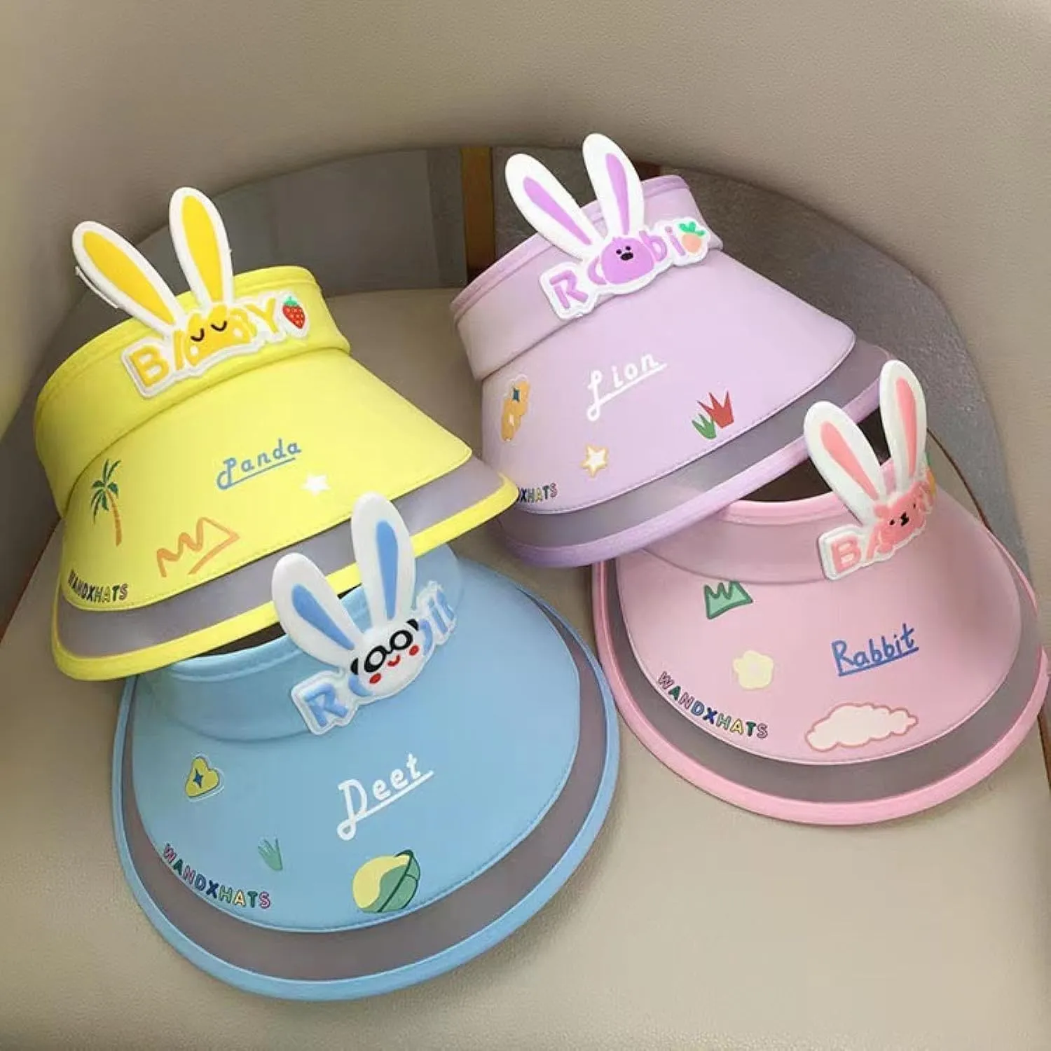 in Summer, Children's ice Silk Bunny Sunscreen hat Shade Large Brim Hollow top Anti-Ultraviolet Hollow hat Baby Sun hat