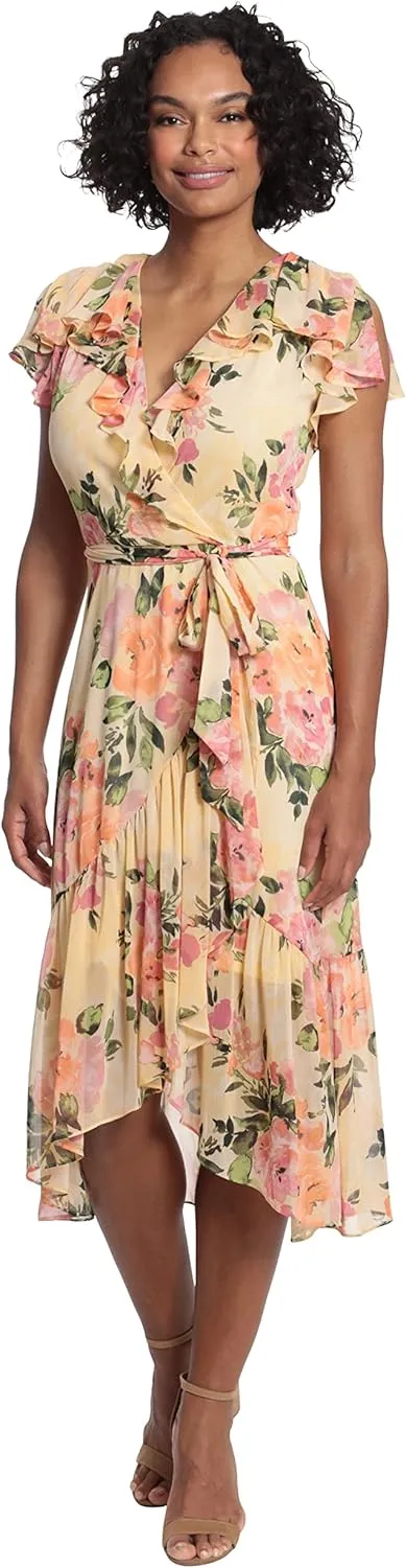 London Times Women's Soft Feminine Ruffle Wrap High Low Dress with Arm Coverage