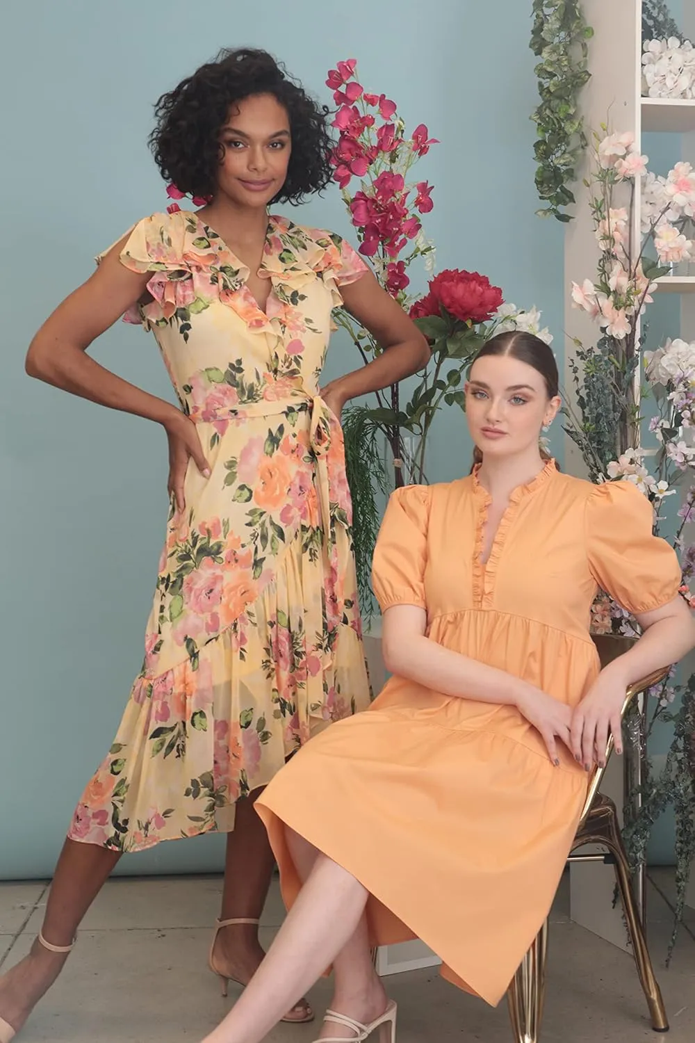 London Times Women's Soft Feminine Ruffle Wrap High Low Dress with Arm Coverage