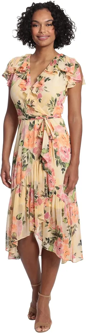 London Times Women's Soft Feminine Ruffle Wrap High Low Dress with Arm Coverage