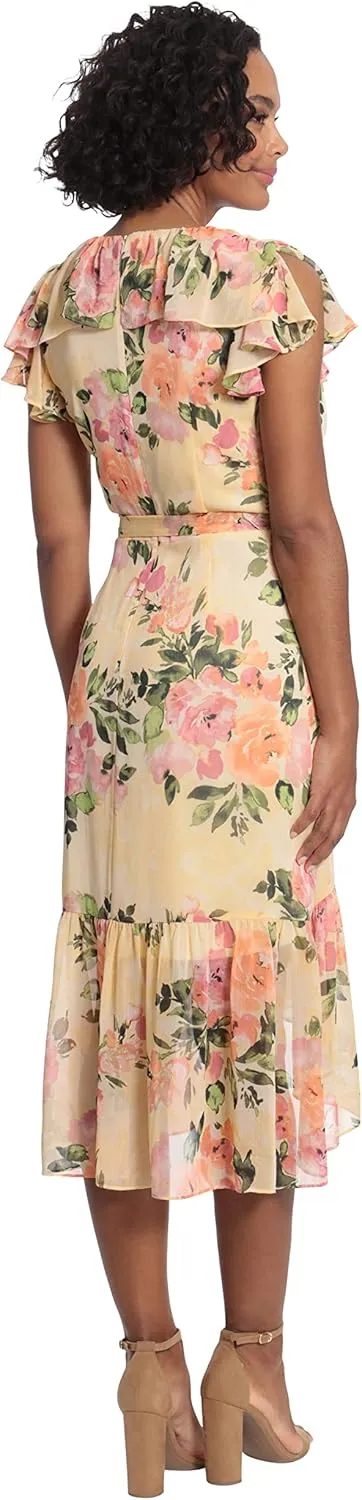 London Times Women's Soft Feminine Ruffle Wrap High Low Dress with Arm Coverage