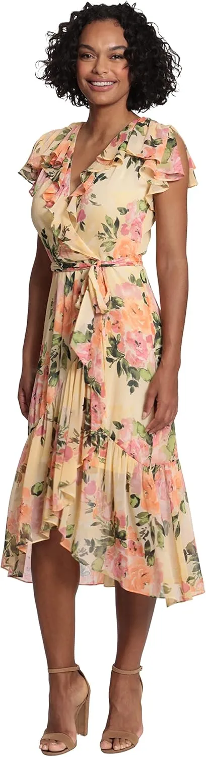 London Times Women's Soft Feminine Ruffle Wrap High Low Dress with Arm Coverage