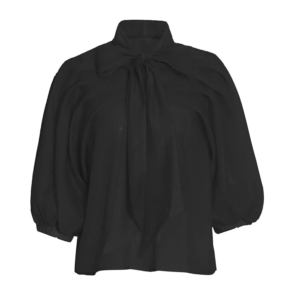 Loose Ruched Shirt For Women Bowknot Collar Lantern Sleeve Solid Minimalist Blouses Female Summer Clothing Fashion