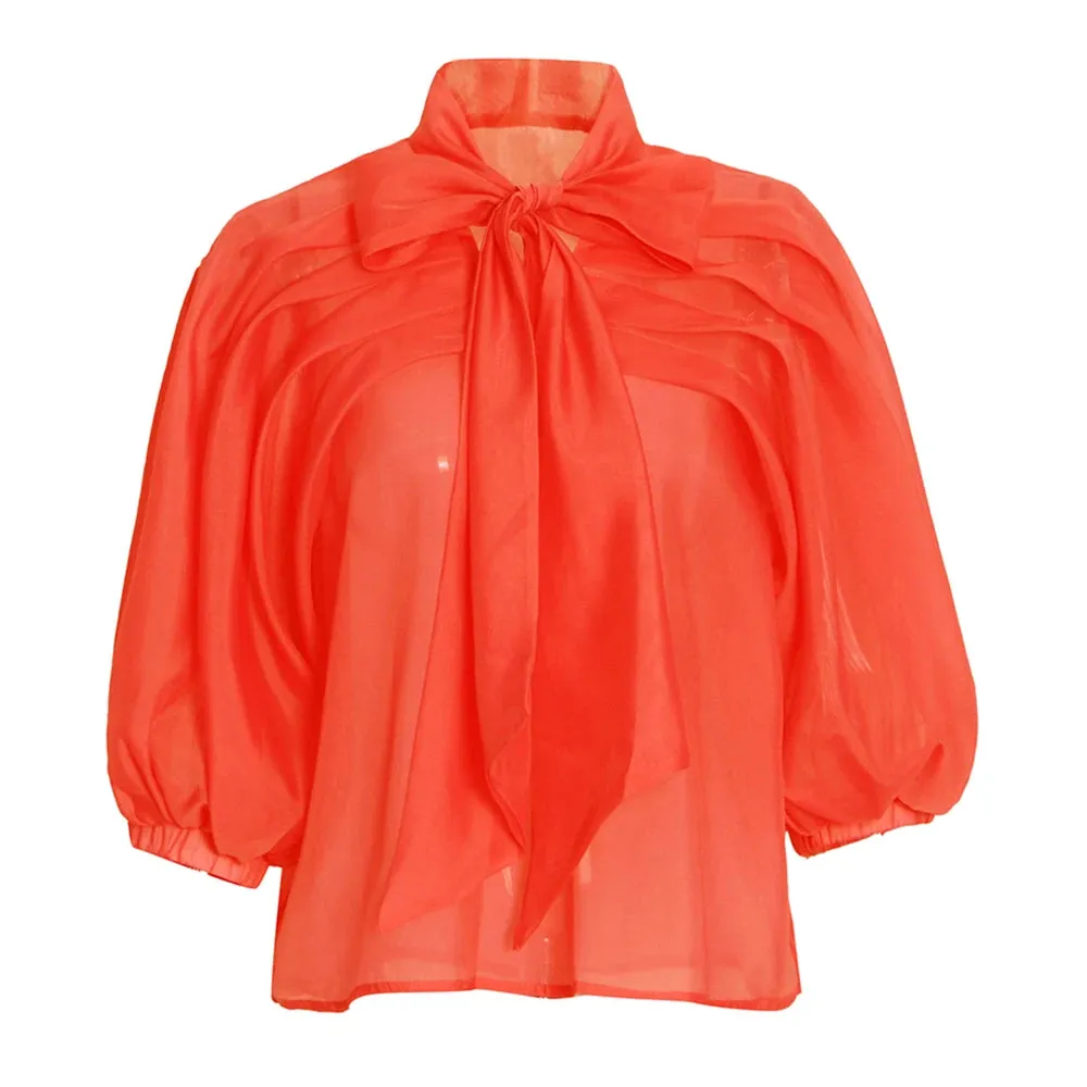 Loose Ruched Shirt For Women Bowknot Collar Lantern Sleeve Solid Minimalist Blouses Female Summer Clothing Fashion