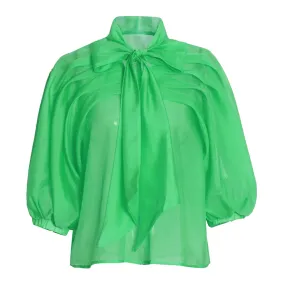 Loose Ruched Shirt For Women Bowknot Collar Lantern Sleeve Solid Minimalist Blouses Female Summer Clothing Fashion